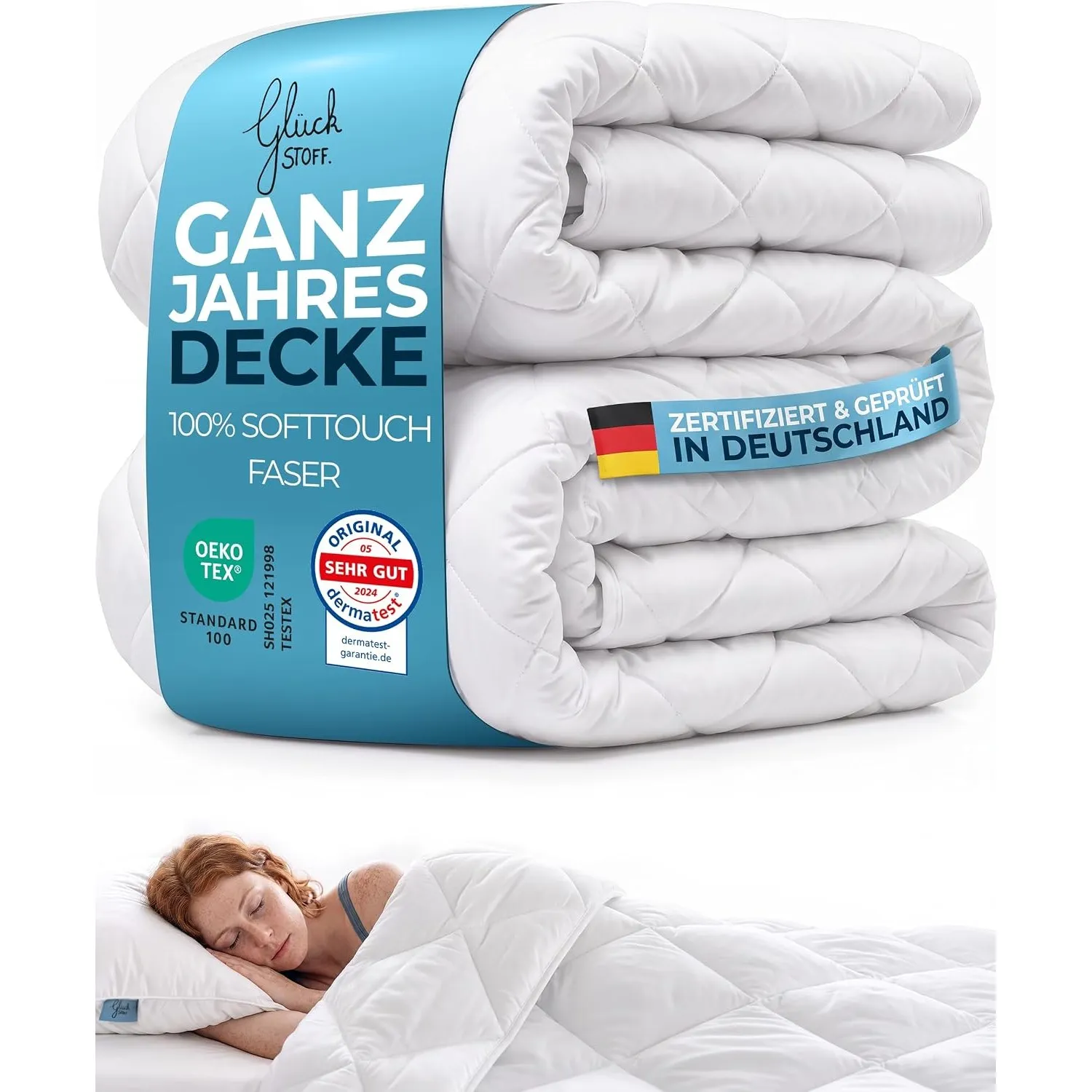 Glückstoff® Ganzjahresdecke 155x200 cm - Steppdecke mit Softtouch-Faser