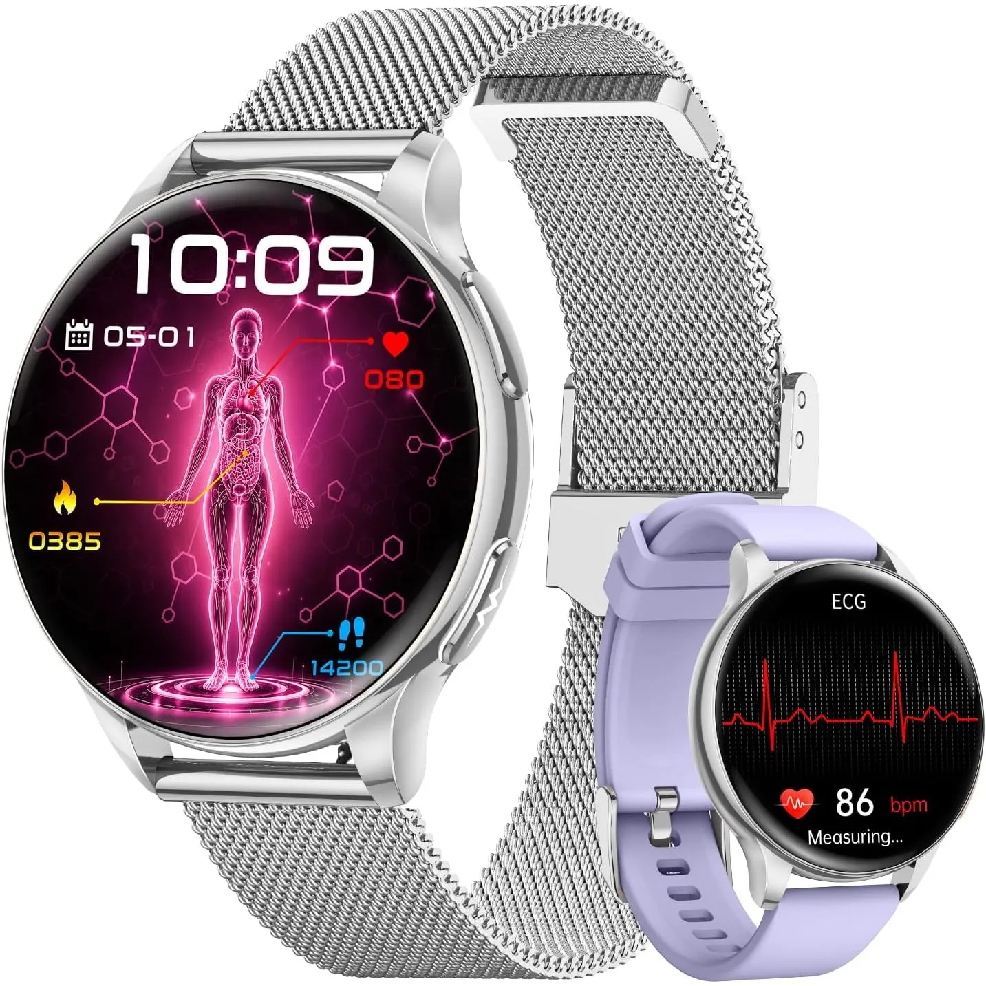Smartwatch Damen mit EKG/HRV/BMI/Blutdruck, 1,32" AMOLED Rund Uhr, Silber