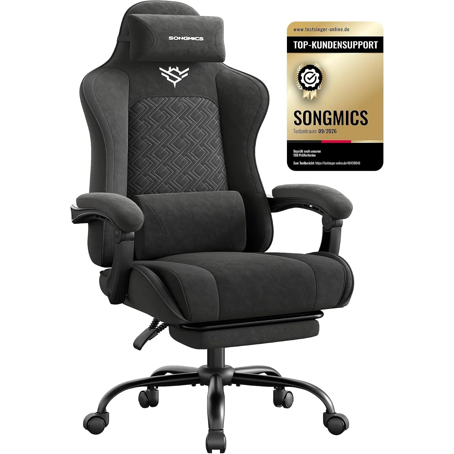 SONGMICS Gaming Stuhl Stoff, Bürostuhl, 150 KG Belastbar, Tintenschwarz