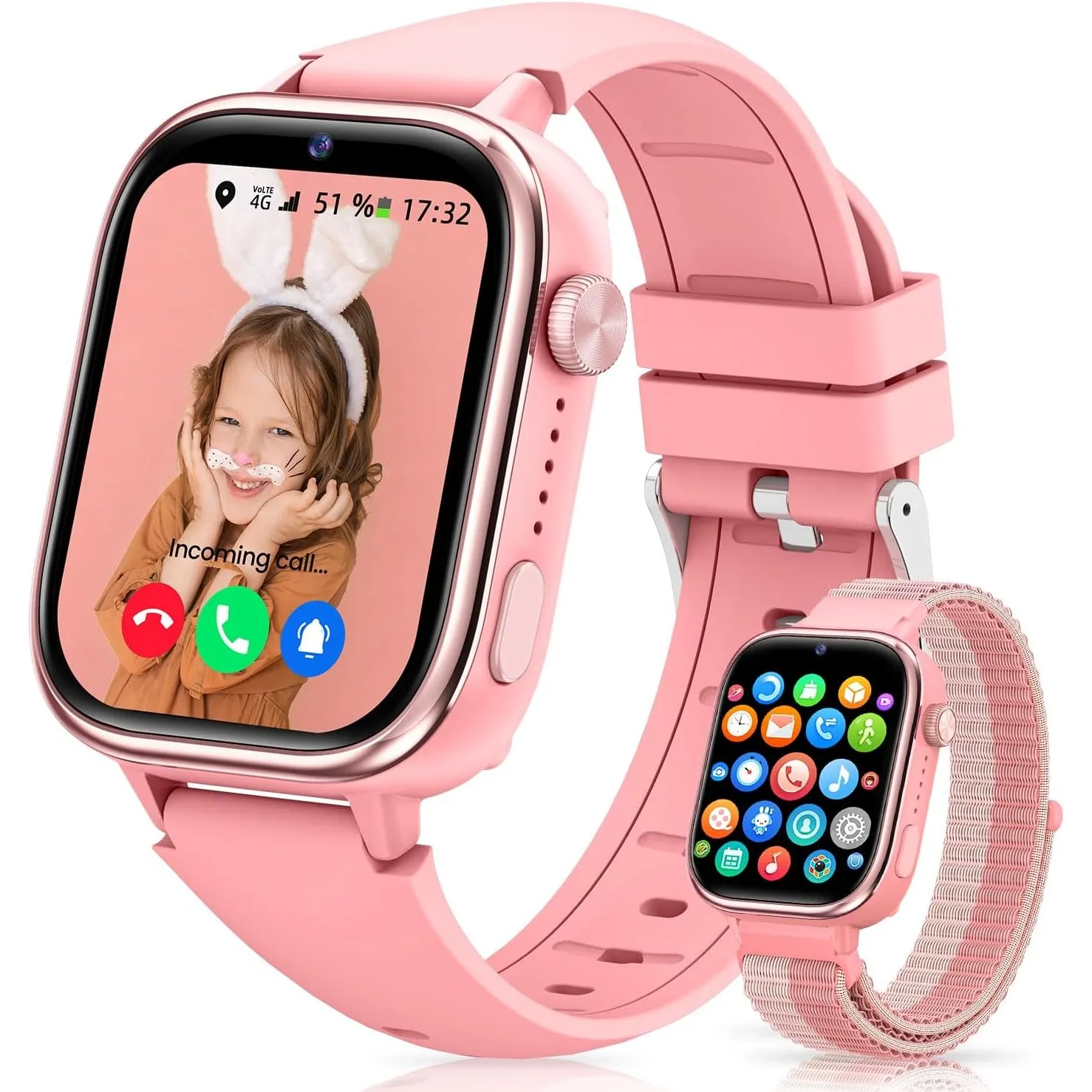 Smartwatch Kinder mit GPS und Telefon, Videoanruf, Schulmodus, SOS, Rosa