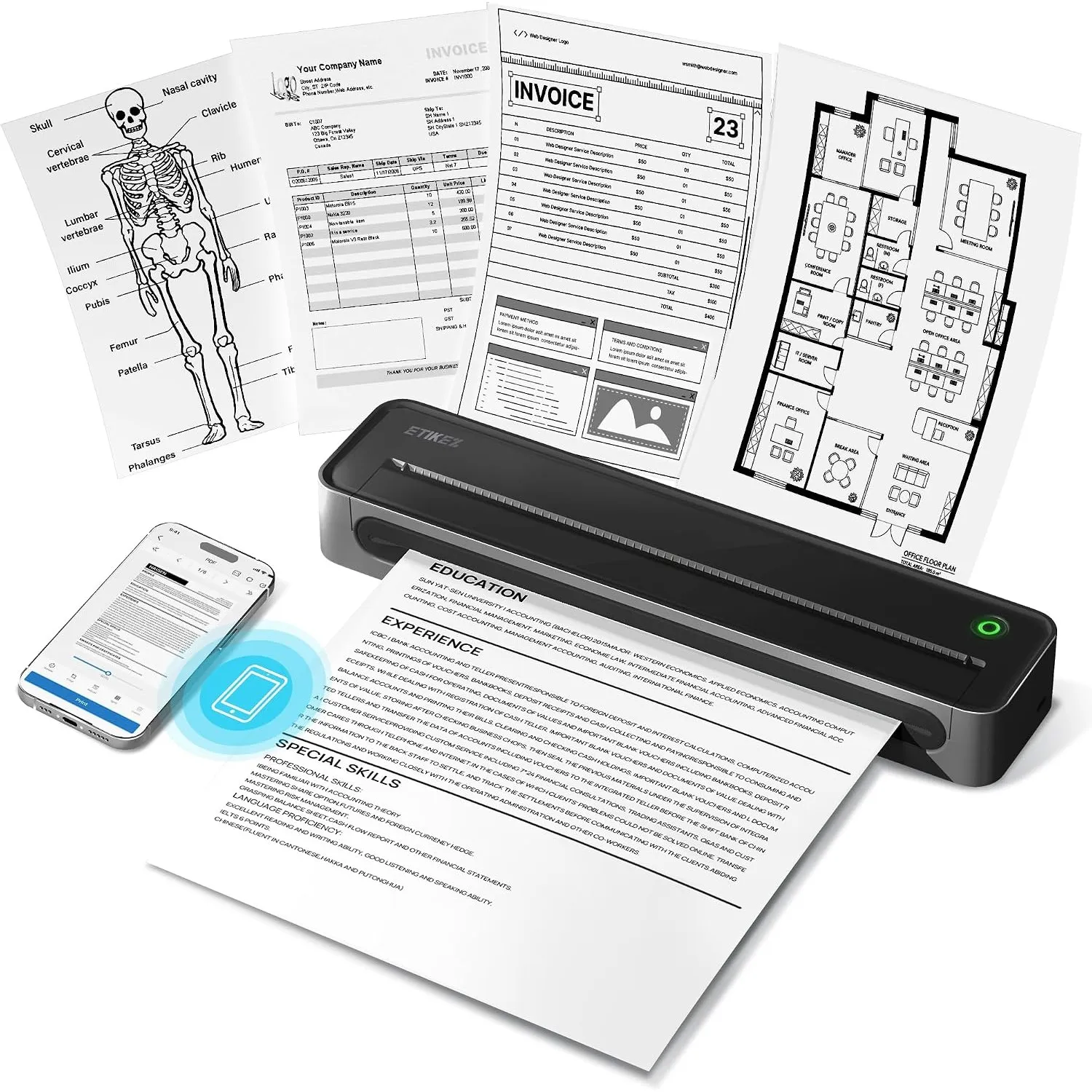 D90E Thermodrucker A4, Tragbarer Mobiler Drucker, 2600mAh, Schwarz