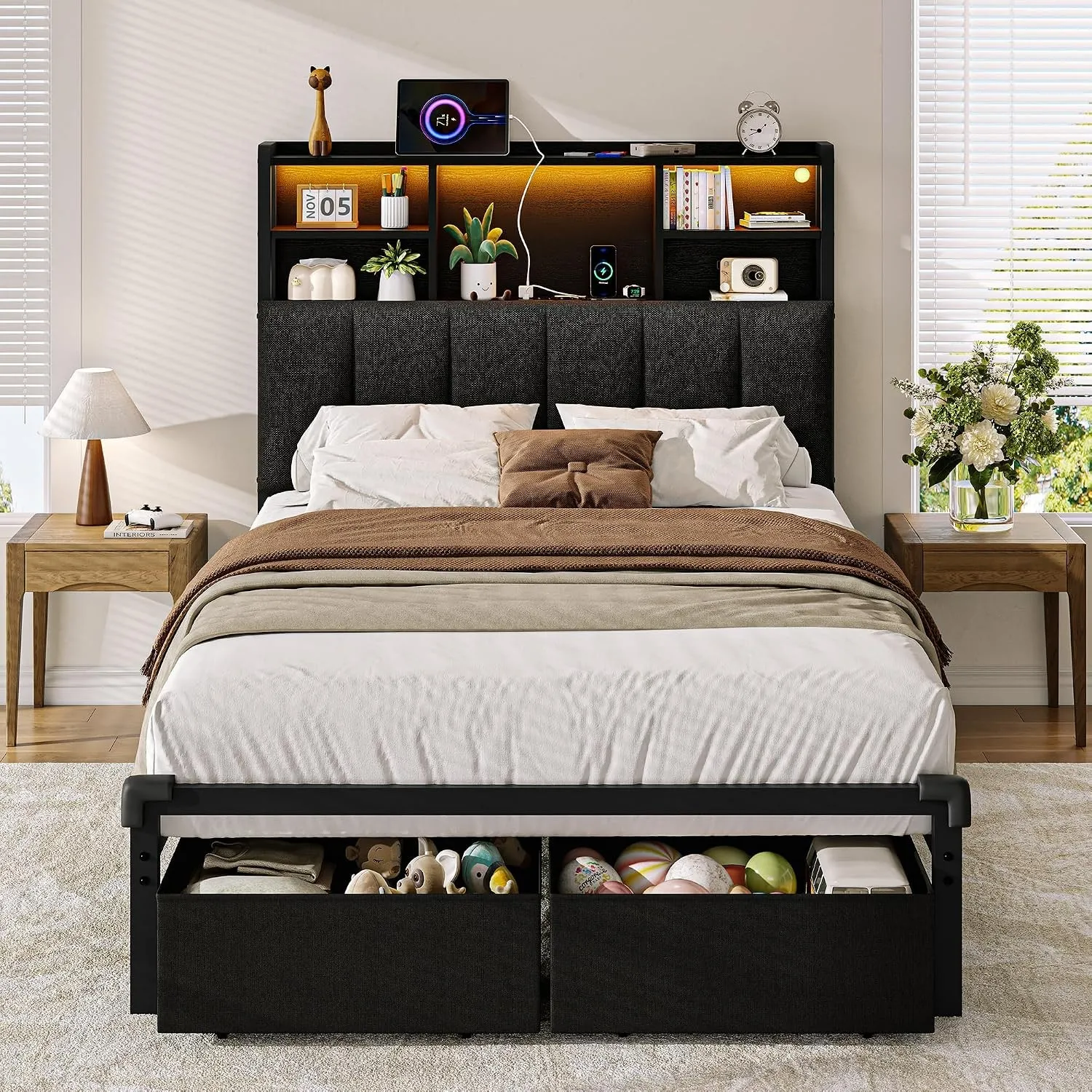 iPormis Bett 90x200 cm mit 2 Schubladen, Bettgestell 90x200 mit LED & Ladestation, Metallbett & Leinen kopfteil mit 2-T…