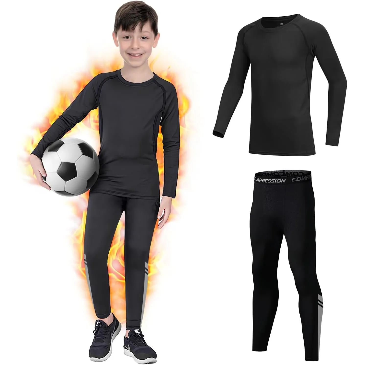 Thermounterwäsche Kinder, Fleece Kompressionsset mit Langarmshirt und Thermohose, Skiunterwäsche Kinder mit Reflektorst…