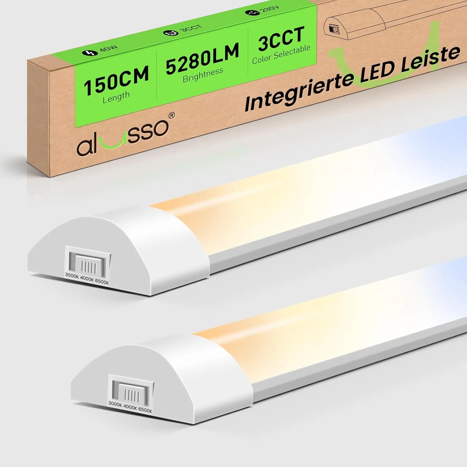 ALUSSO 2er Set LED Röhre 150cm, Integrierte Leiste Superhelle Garage Lampe