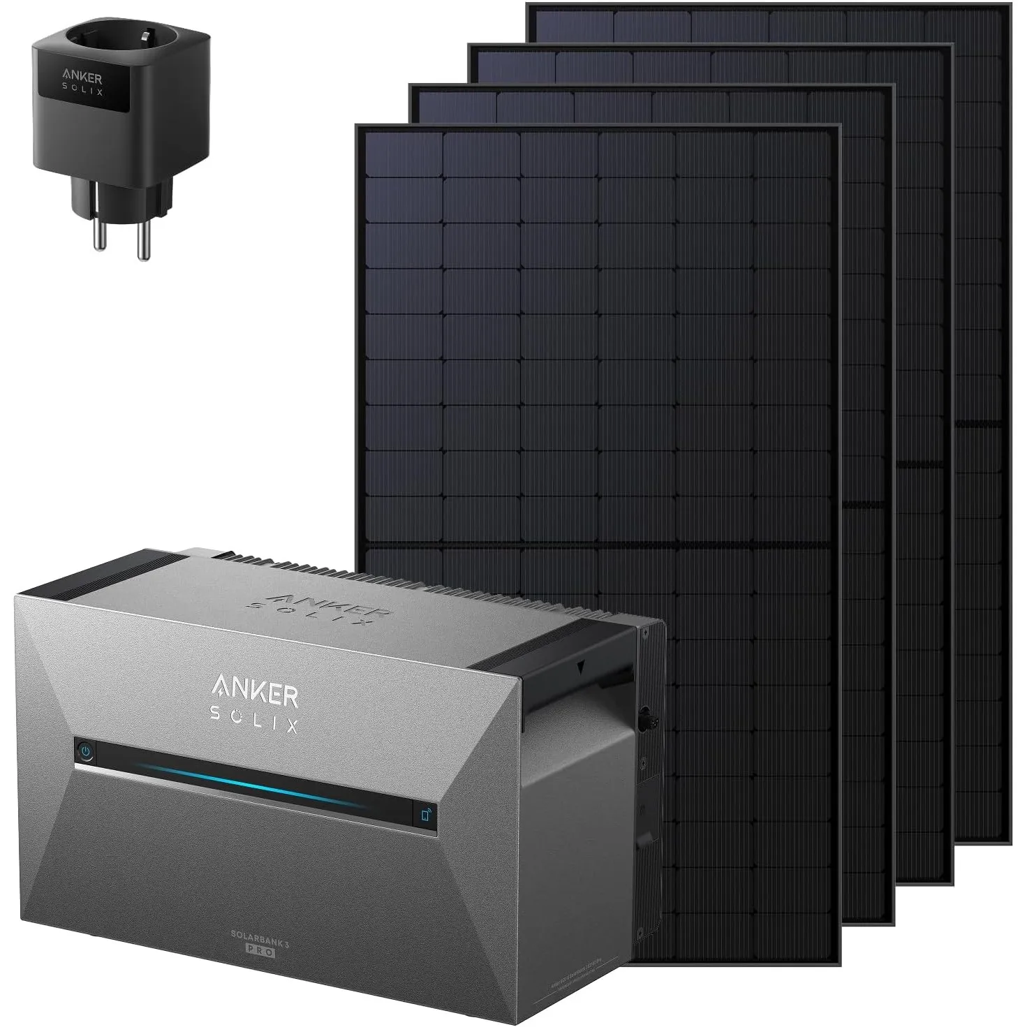 Anker SOLIX 3 Pro Solarbank + 4× 500W Solarmodule + Smart Plug