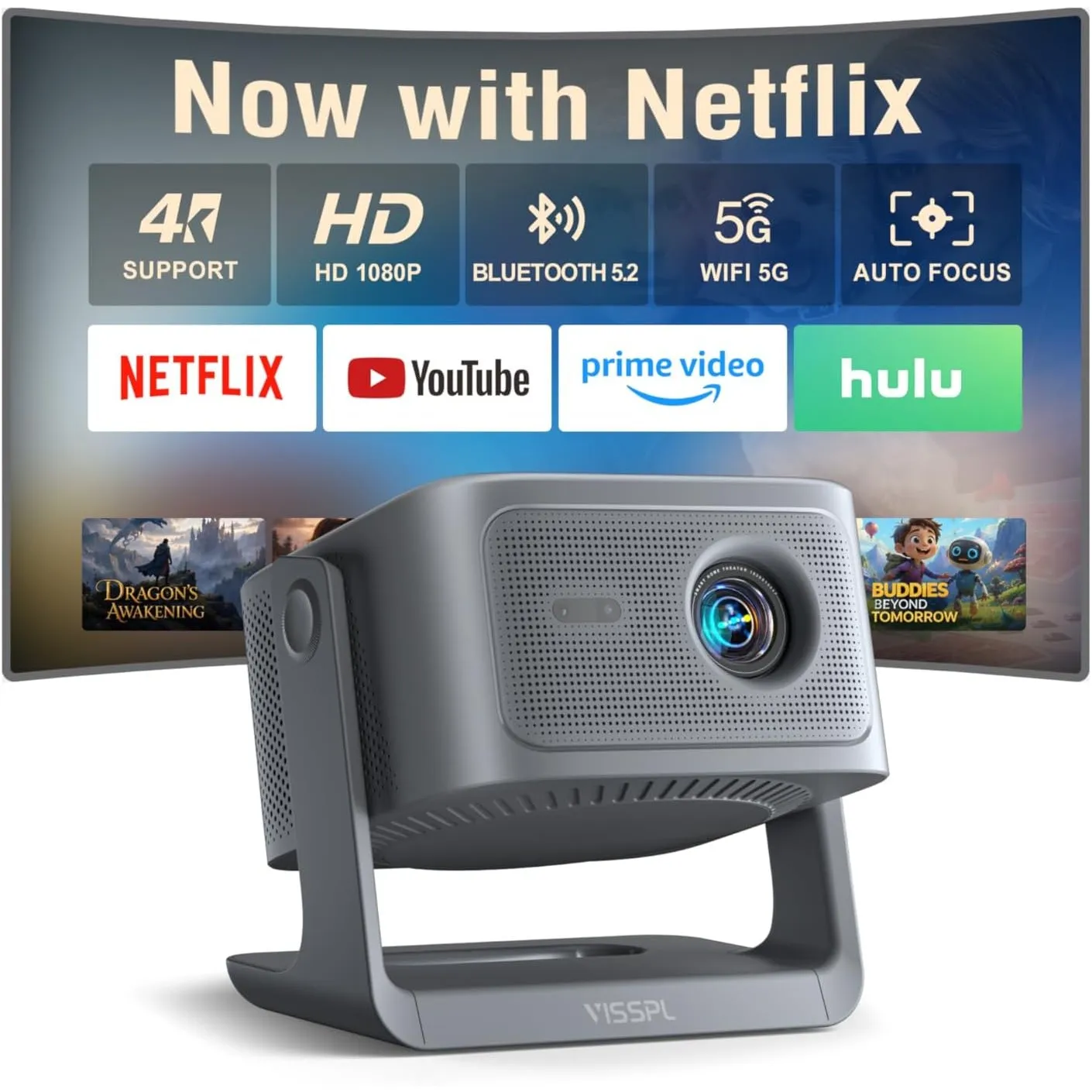 [3600ANSI & Offiziell lizenzierte App] Smart Beamer 4K Heimkino, VISSPL 3D Dolby Audio und Autofokus Outdoor Projektor …