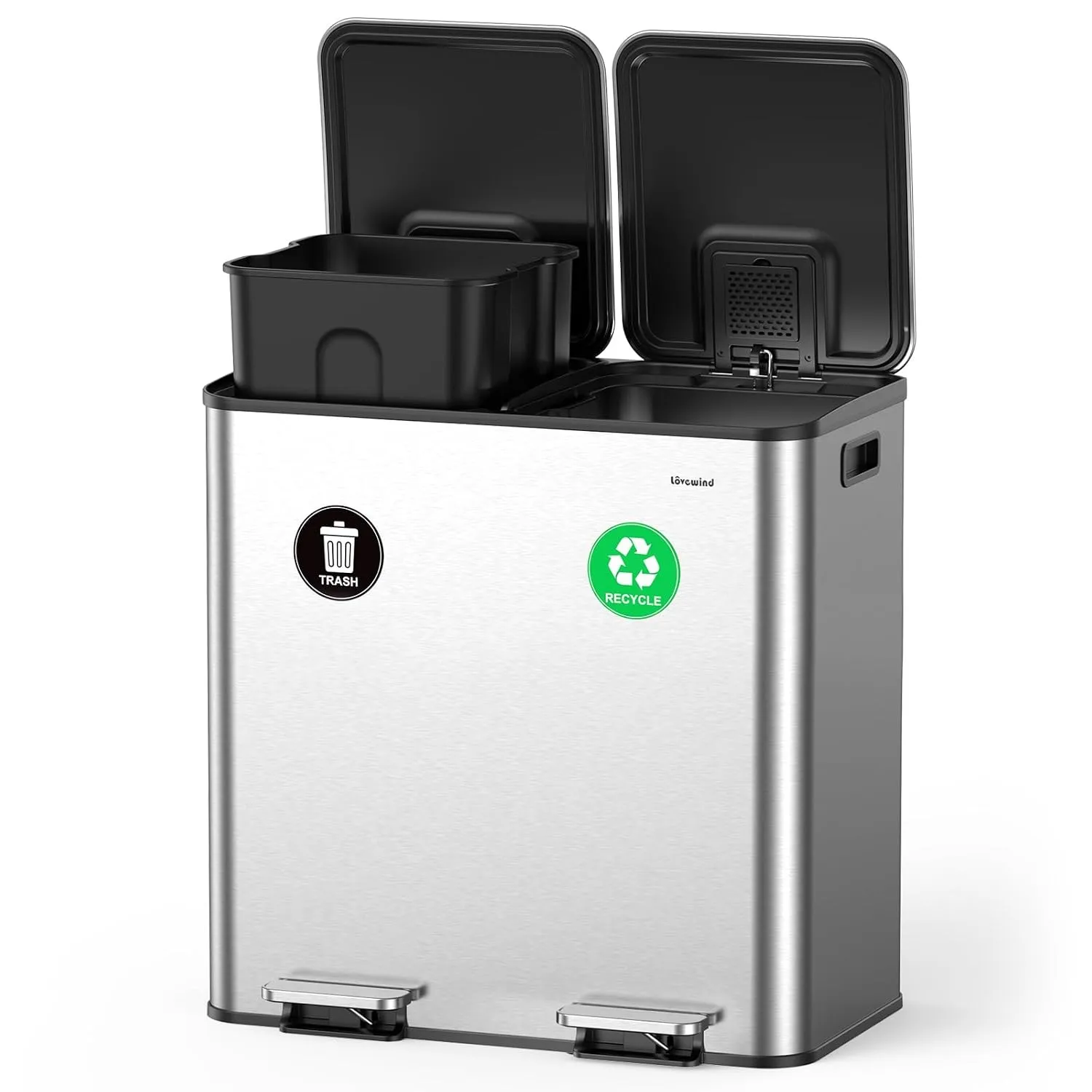 lovewind Mülleimer Küche, 2 x 40L Mülltrennsystem mit Soft-Close Deckel, Edelstahl Tretmülleimer mit 2 Fächern, Herausn…