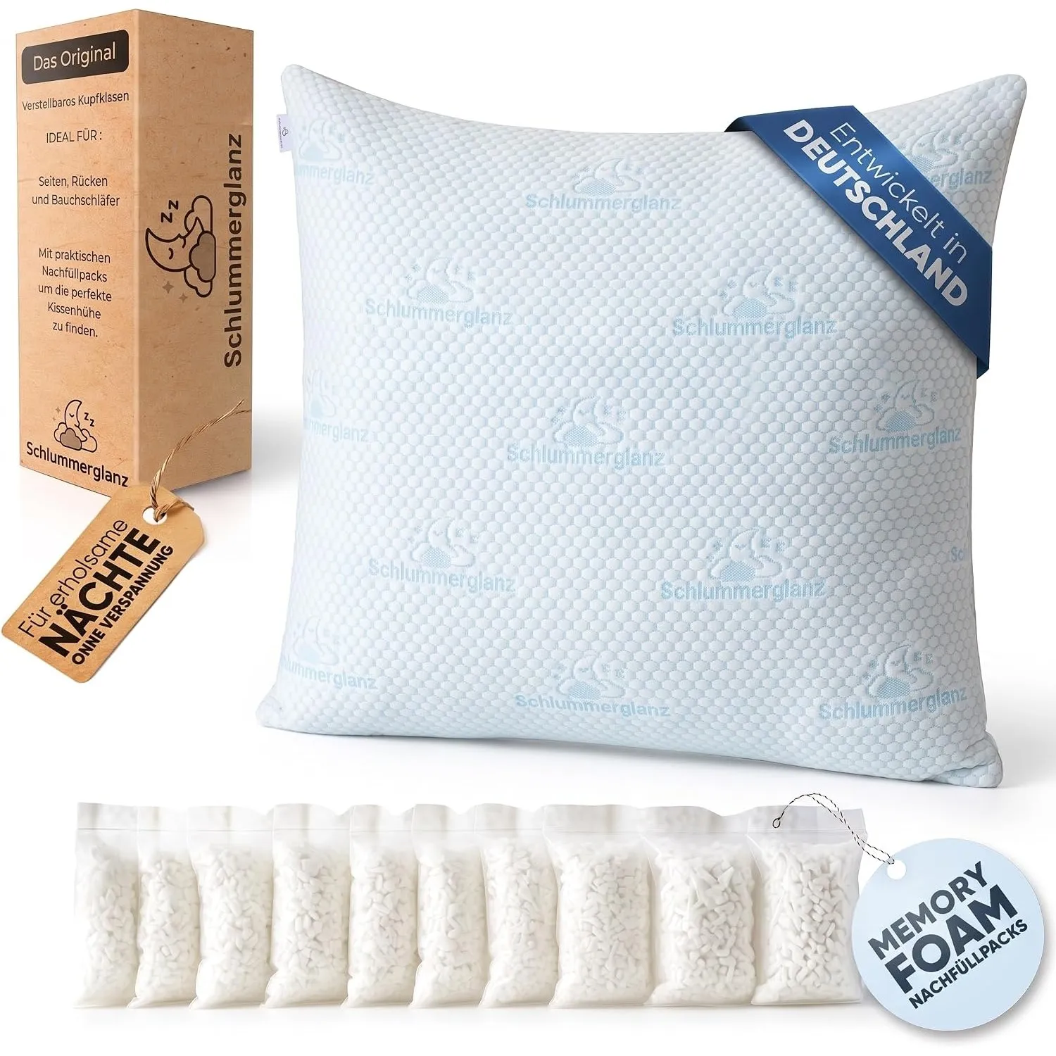 Memory Foam Nackenkissen - Kopfkissen 80x80 ergonomisch höhenverstellbar