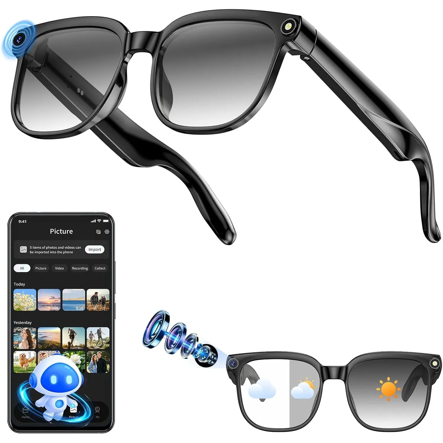 Hwagol AI Smart Glasses 800W-Kamera mit Bildstabilisierung, HD-Auflösung Brille mit Kamera, unterstützt Videoaufzeichnu…