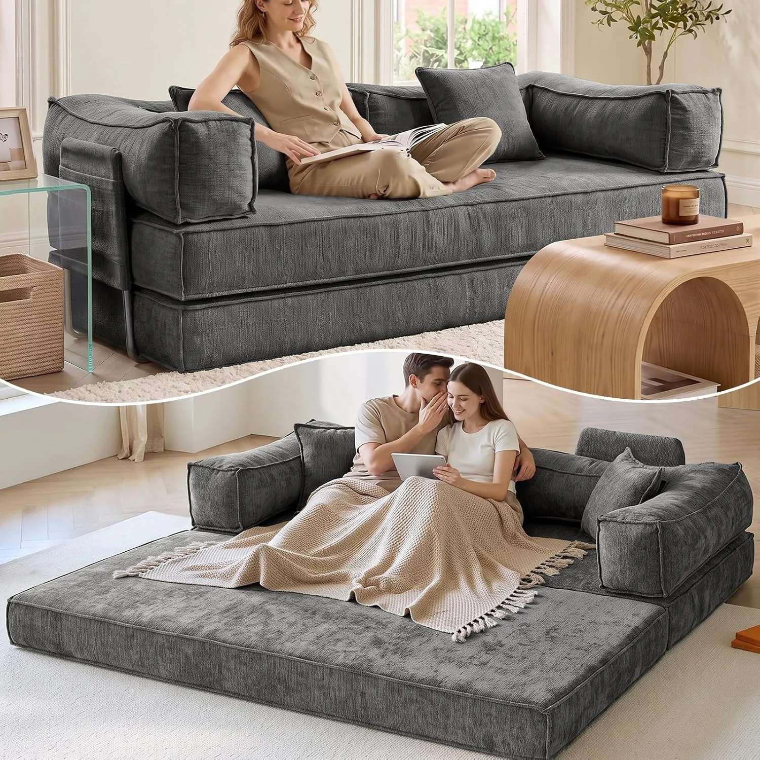 WOLTU Schlafsofa 3-Sitzer 207cm, Bodensofa mit 2Kissen, Dunkelgrau Chenille