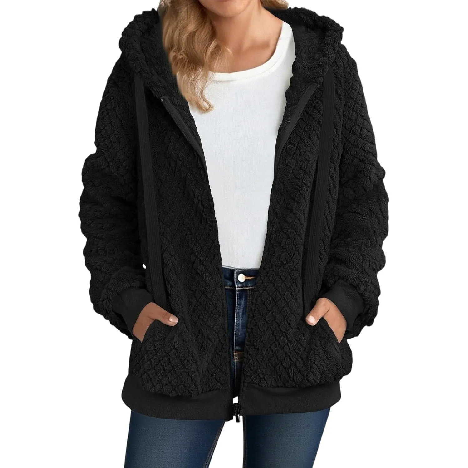 Teddyjacke Damen Winter Warm Fleecejacke mit kapuze Flauschig Winterjacke