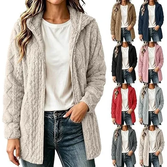Teddyjacke Damen Einfarbig Langarm Hoodie Teddy Fleece Mantel mit Kapuze