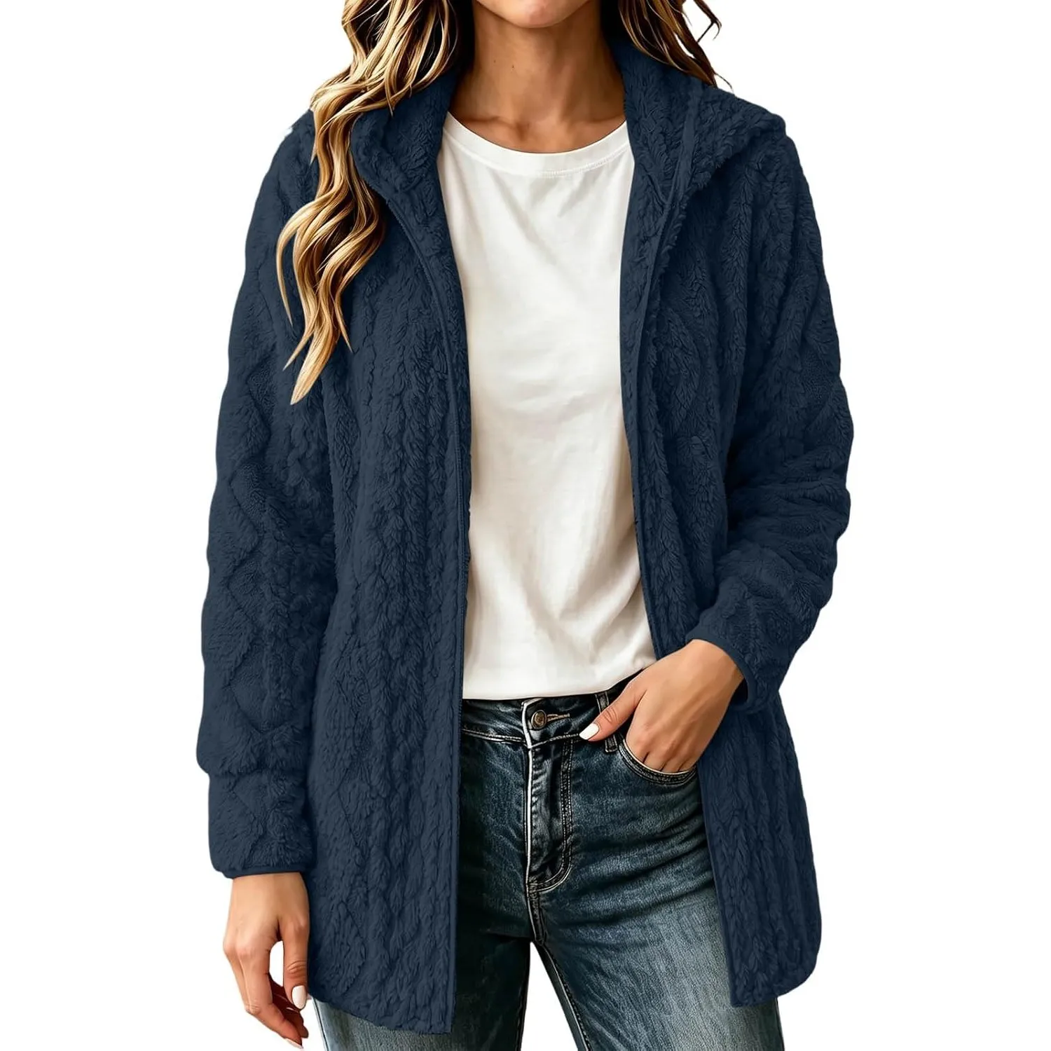 Teddyjacke Damen Einfarbig Langarm Hoodie Teddy Fleece Mantel mit Kapuze