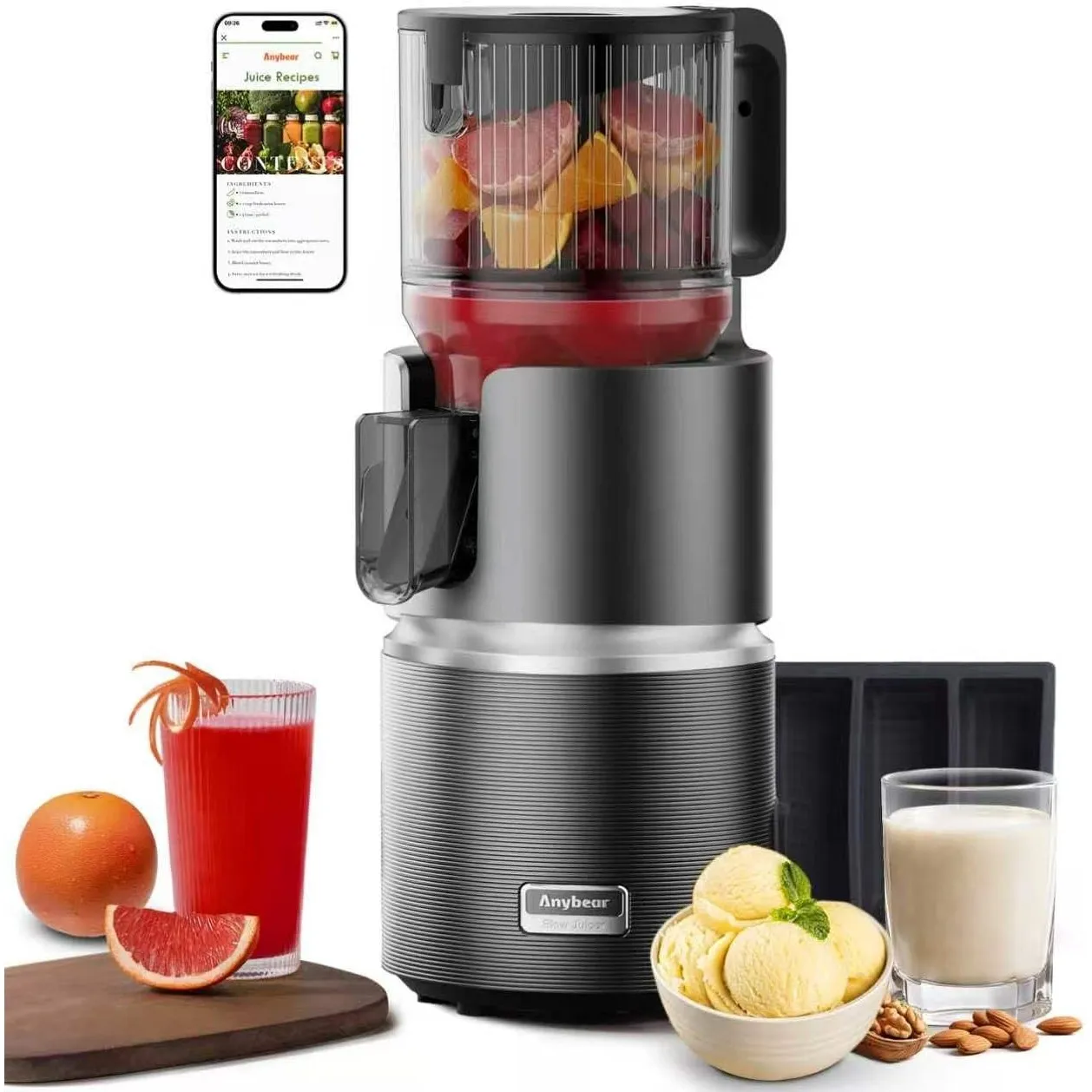 Anybear Kaltentsafter 350W, Slow Juicer mit 124 mm Einfüllschacht für Ganze Früchte und Gemüse, Entsafter mit Hoher Saf…