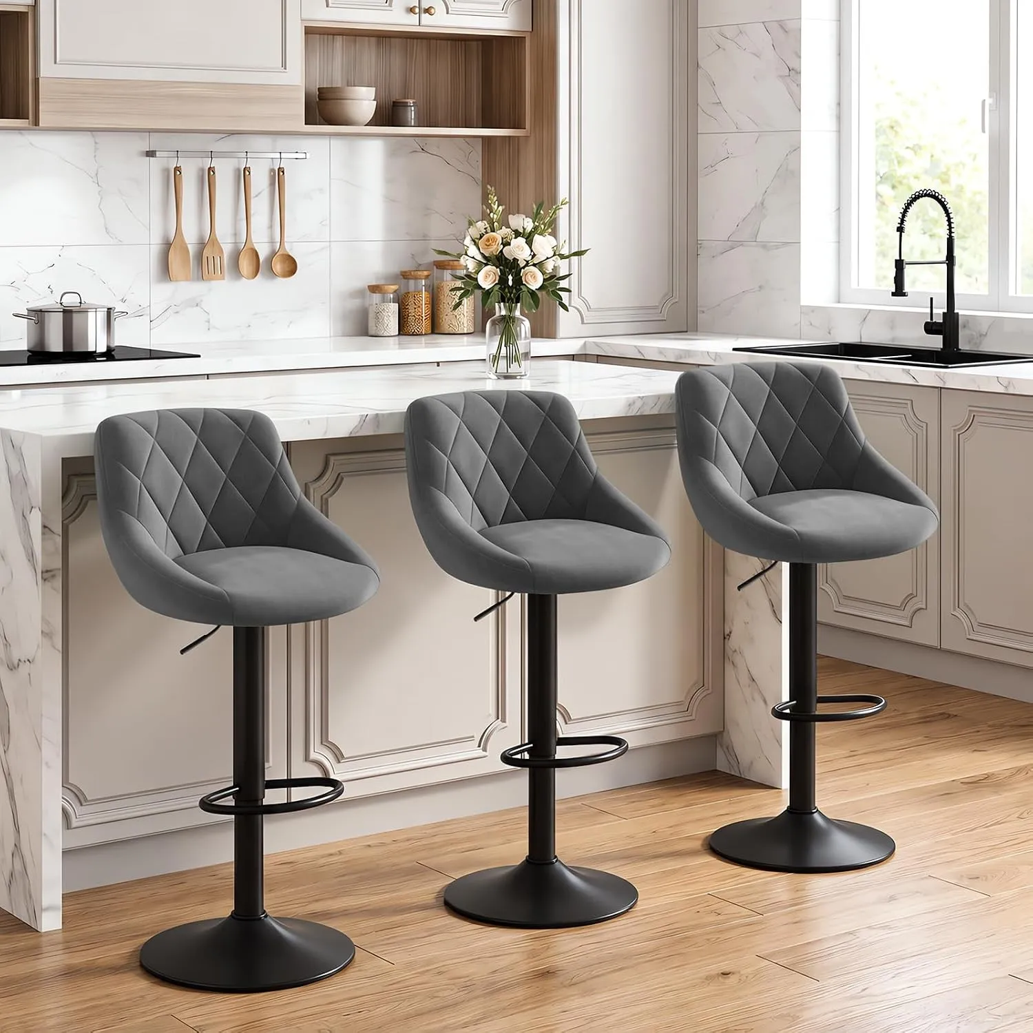 WOLTU Barhocker 3er Set, Barstuhl Höhenverstellbar, Samtsitz, Dunkelgrau